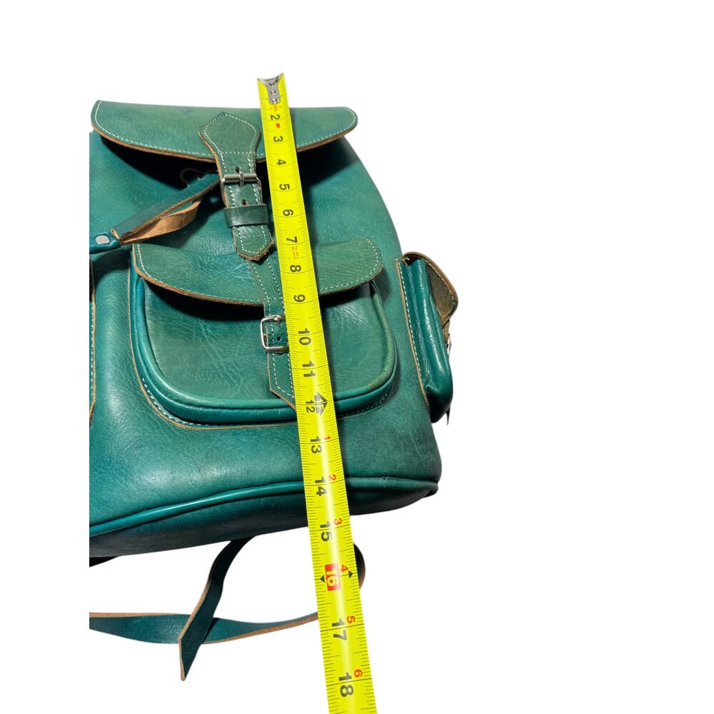 Vintage Backpack Bag Womens Teal Green Leather Rucksack Drawstring Buckle Pocket - Picture 14 of 16